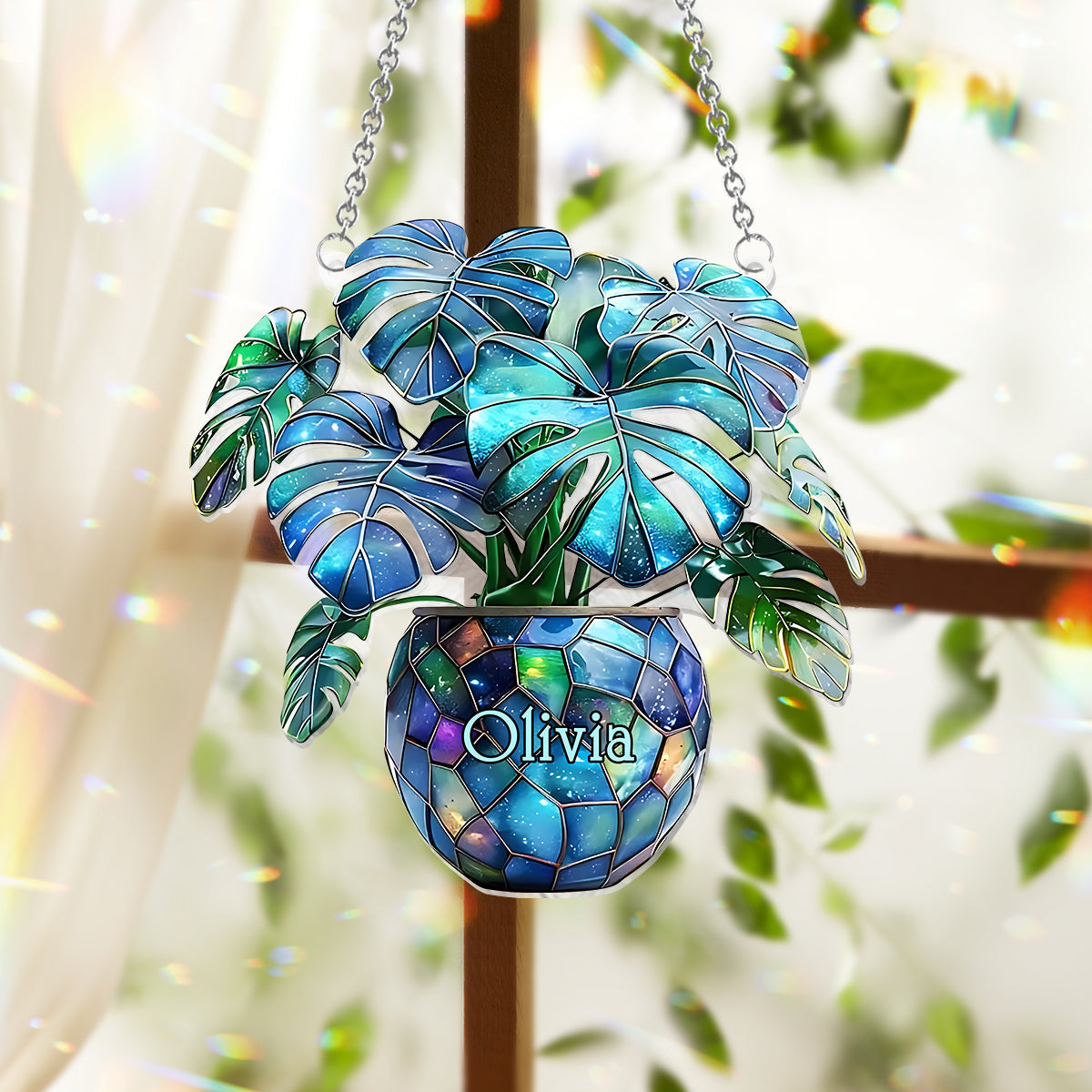 Monstera Deliciosa, Cactus - Ornement attrape-soleil personnalisé à suspendre à la fenêtre pour jardinage 