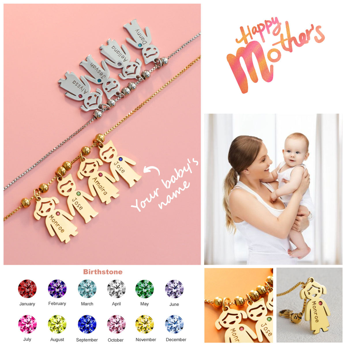 Collier personnalisé avec breloques pour enfants et pierre de naissance - Collier maman personnalisé avec breloques pour enfants