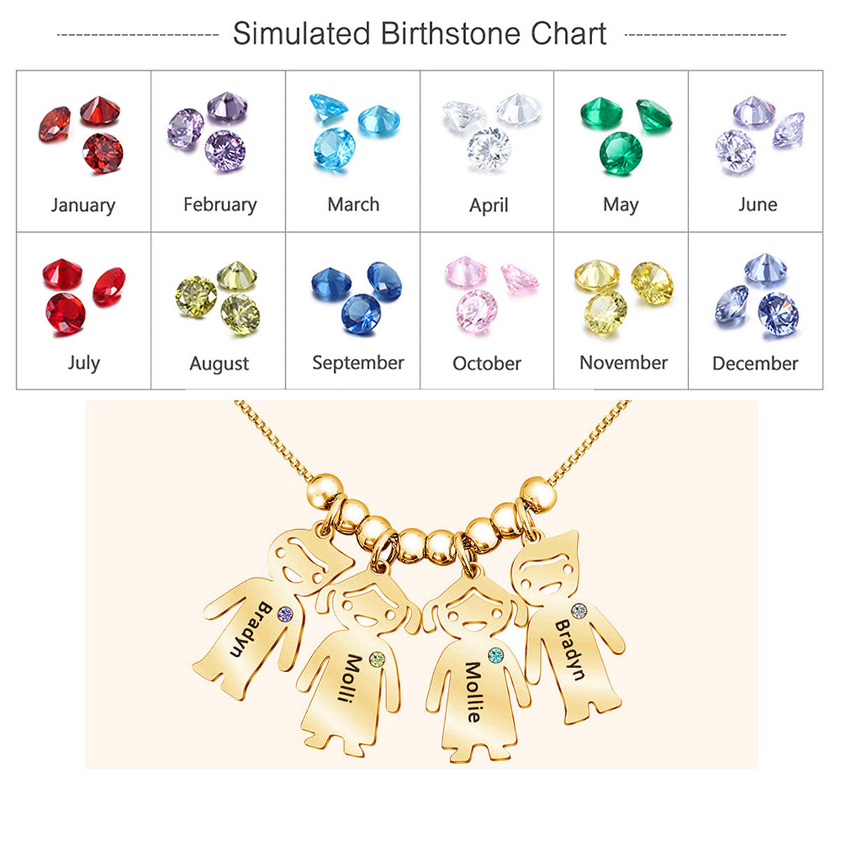 Collier personnalisé avec breloques pour enfants et pierre de naissance - Collier maman personnalisé avec breloques pour enfants