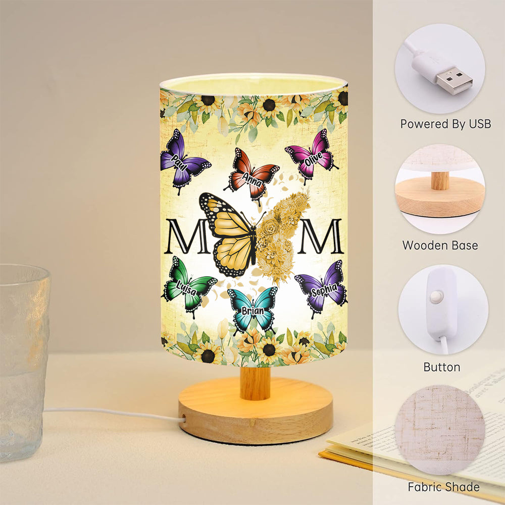 Floral Butterflies - Personalized Mother Tableside Lamp With Wood Base