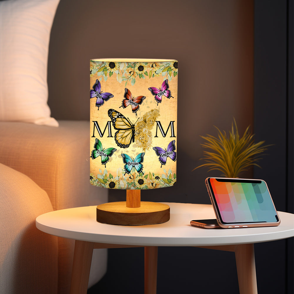 Floral Butterflies - Personalized Mother Tableside Lamp With Wood Base