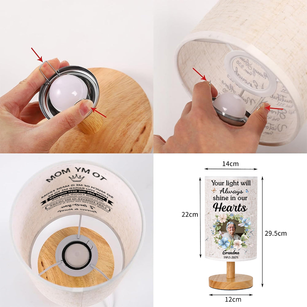 Ta lumière brillera toujours dans nos cœurs - Lampe de table commémorative personnalisée avec socle en bois