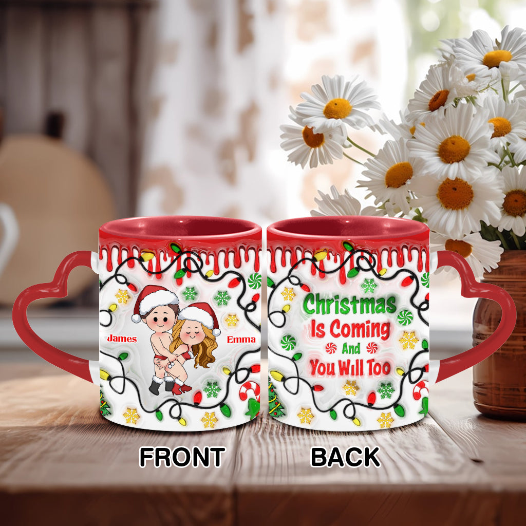 Christmas Is Coming - Personalized Couple Heart Handle Mug