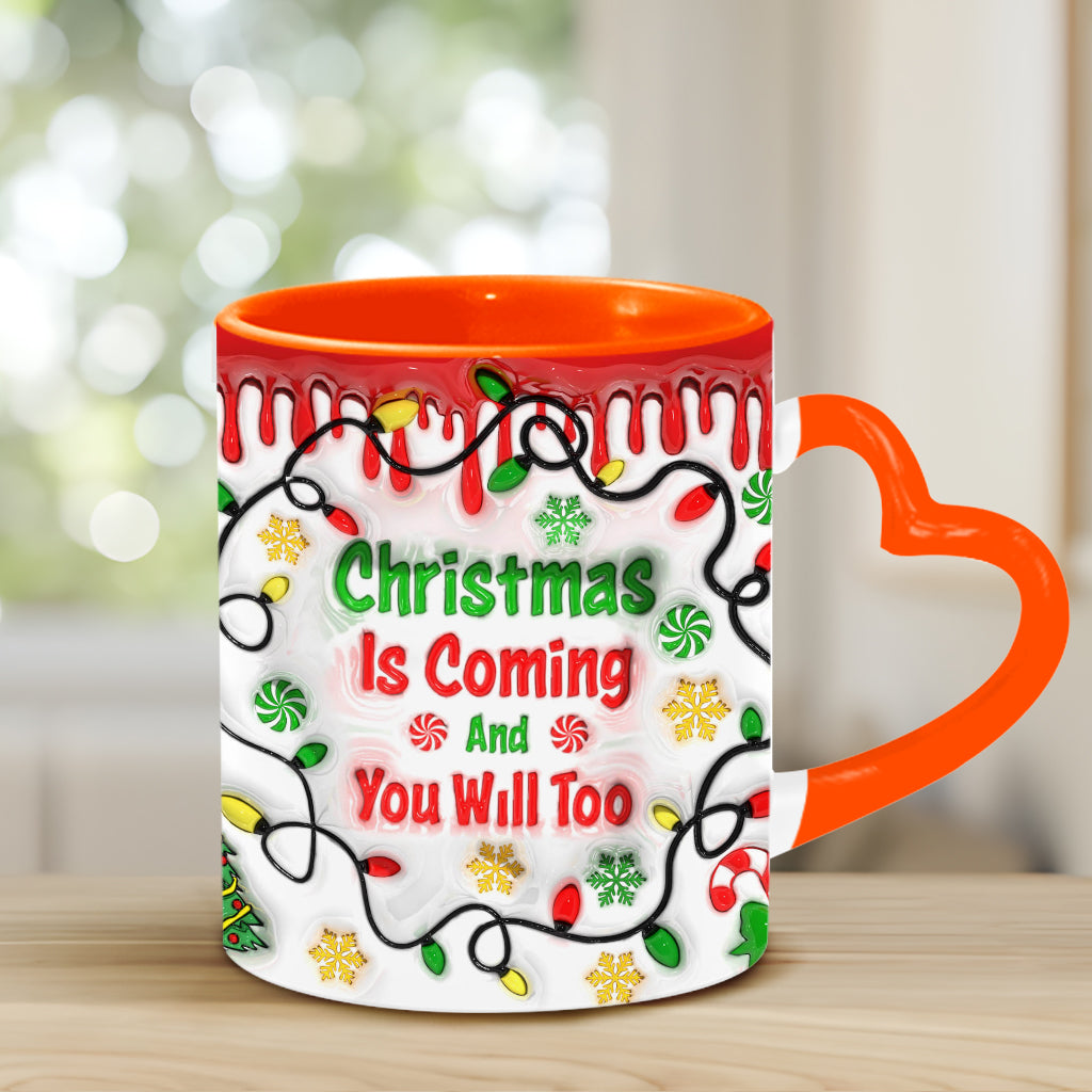 Christmas Is Coming - Personalized Couple Heart Handle Mug