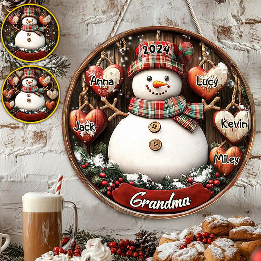 Grand-mère Bonhomme de Neige - Panneau rond en bois personnalisé pour grand-mère