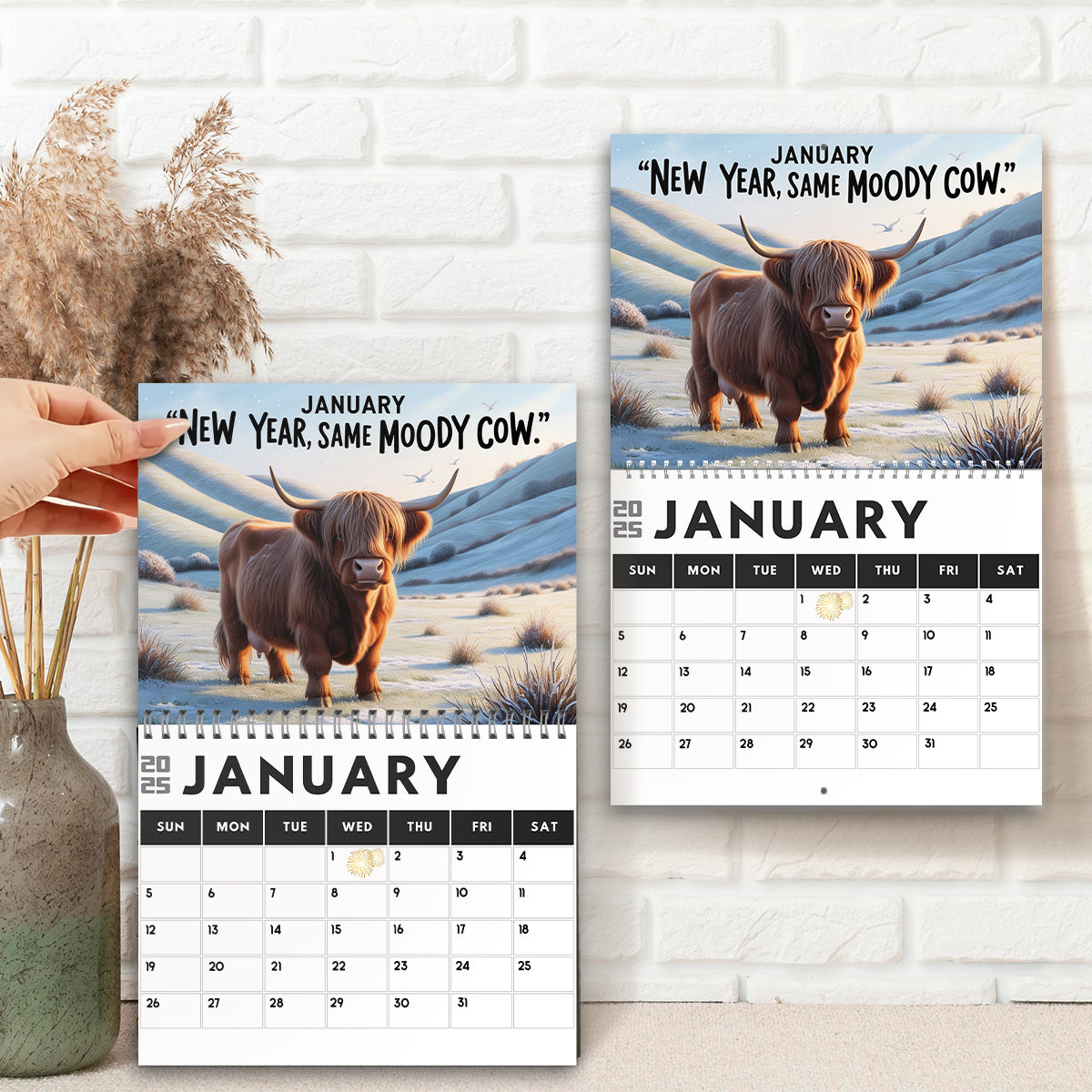 Calendrier mural et de bureau personnalisé « Vache des Highlands mélancolique » 2025