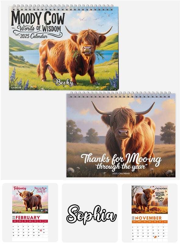 Calendrier mural et de bureau personnalisé « Vache des Highlands mélancolique » 2025