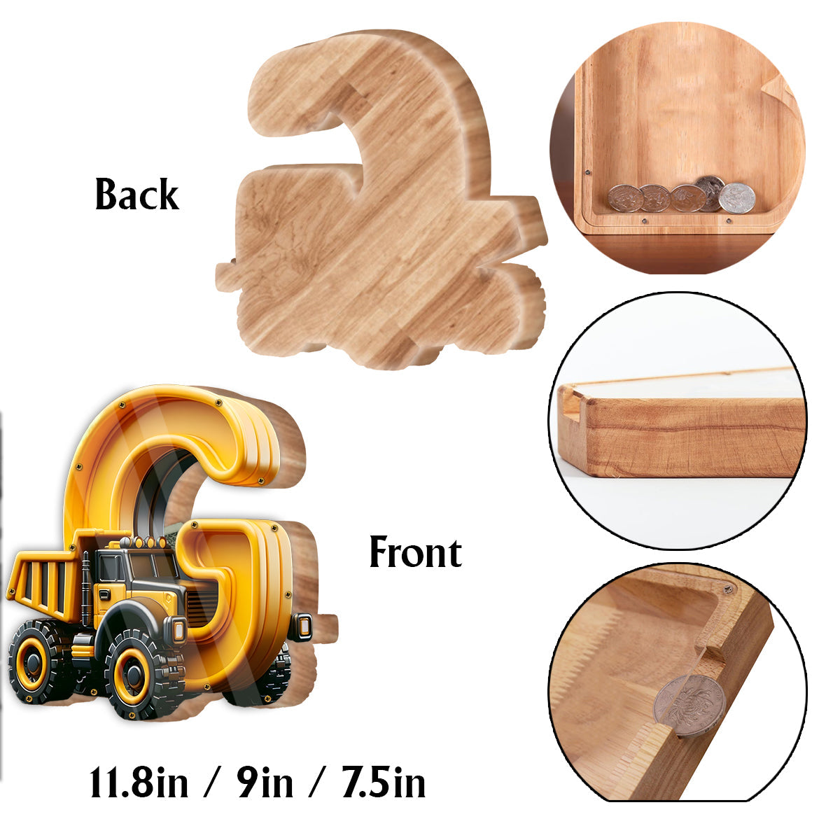 Alphabet des véhicules de chantier - Tirelire en bois personnalisée pour enfant