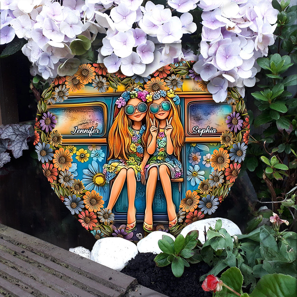 Soul Sisters Journey: Peace & Wanderlust - Personalized Hippie Heart Shaped Stone