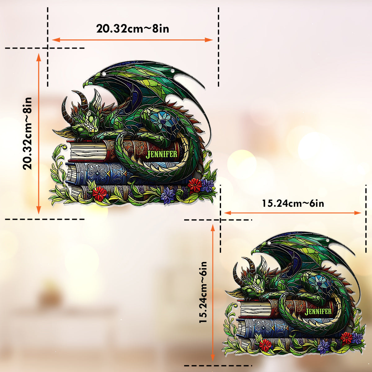 Je ne suis pas un rat de bibliothèque, je suis un dragon des livres ! - Attrape-soleil personnalisé à suspendre à la fenêtre en forme de livre 