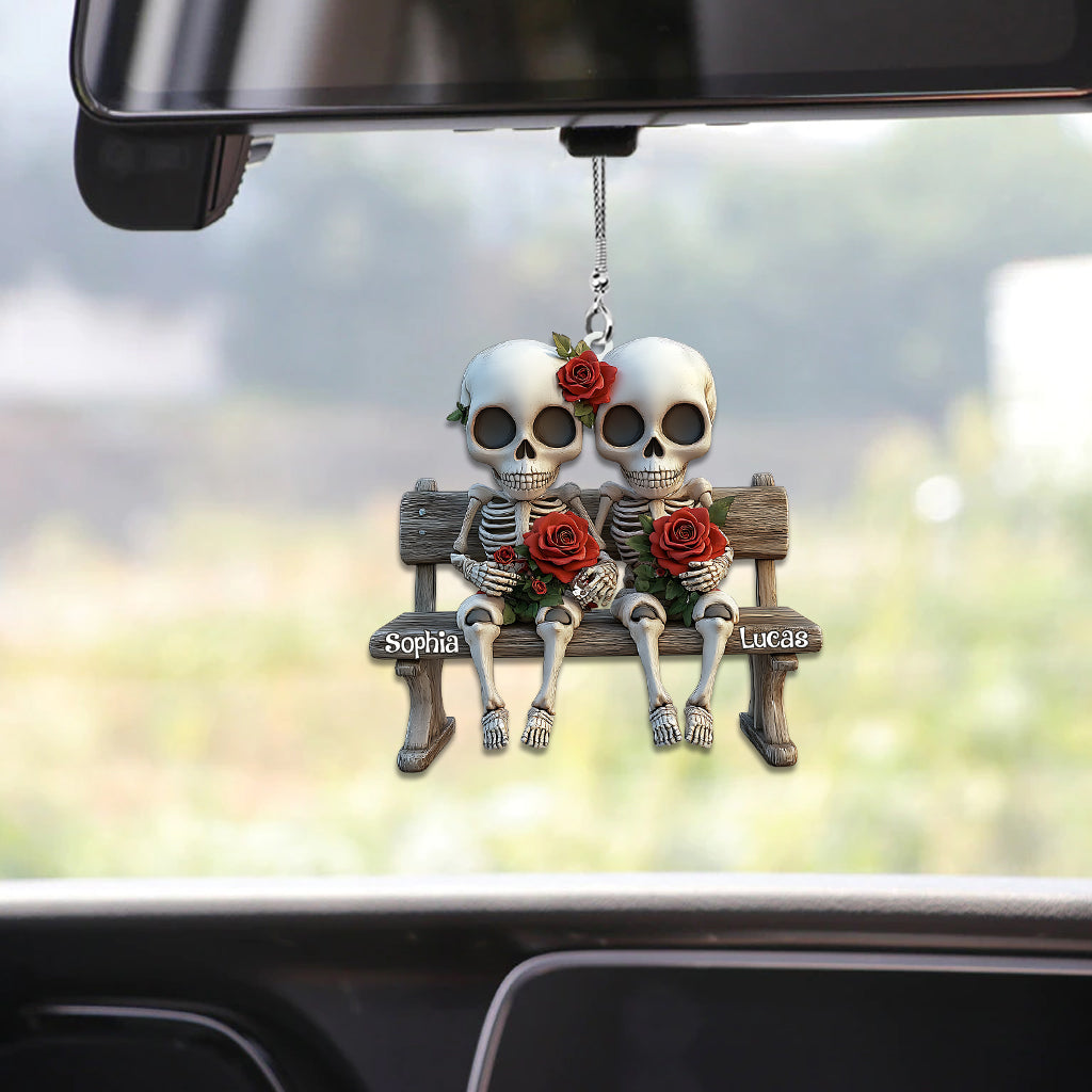 Skull Couple With Red Roses - Personalized Couple Car Ornament