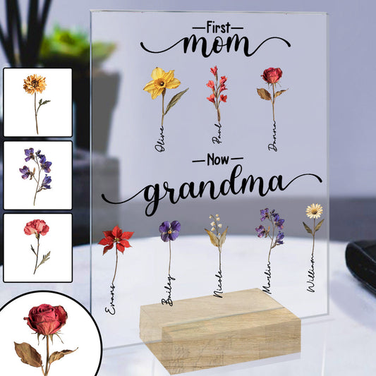 D'abord maman, maintenant grand-mère, fleur de naissance personnalisée - Plaque acrylique transparente personnalisée pour grand-mère