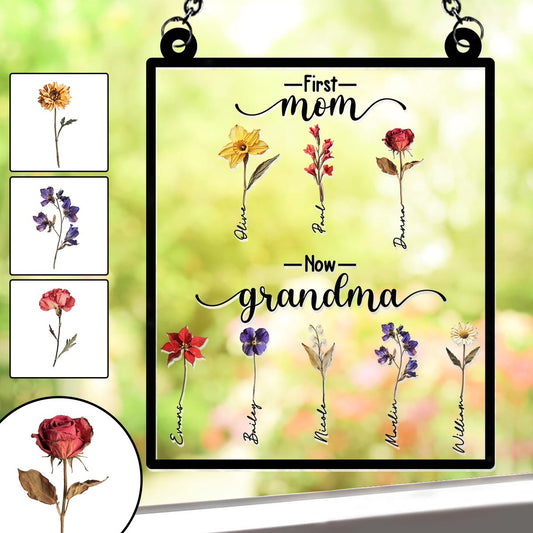 D'abord maman, maintenant grand-mère, fleur de naissance personnalisée - Attrape-soleil à suspendre à la fenêtre pour grand-mère