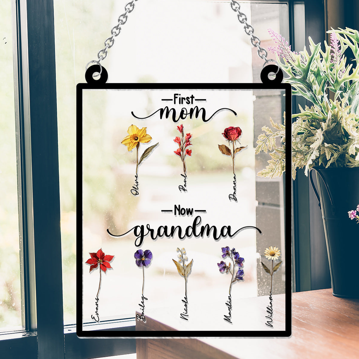 First Mother Now Grandma, Birth Flower Personalize - Personalized Grandma Window Hanging Suncatcher Ornament