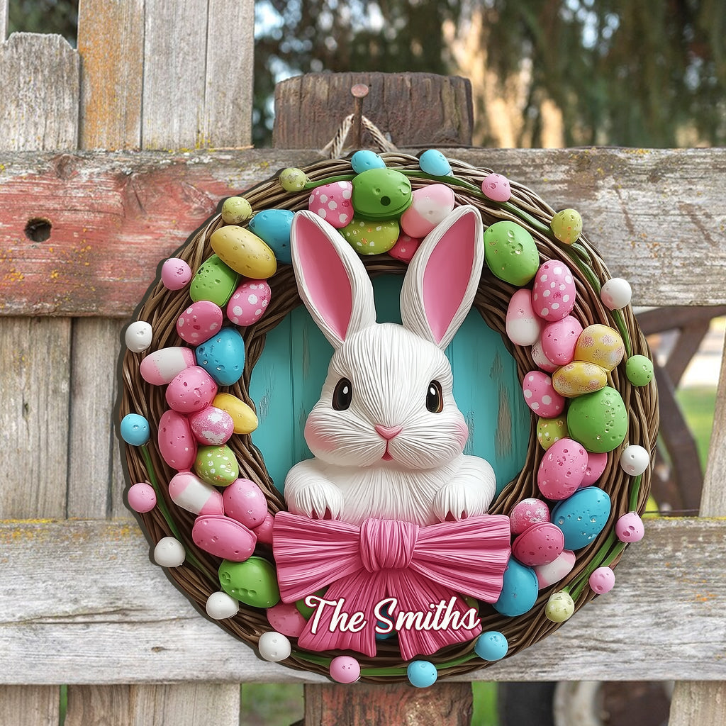 Couronne de Pâques avec lapin - Panneau en bois personnalisé pour la famille