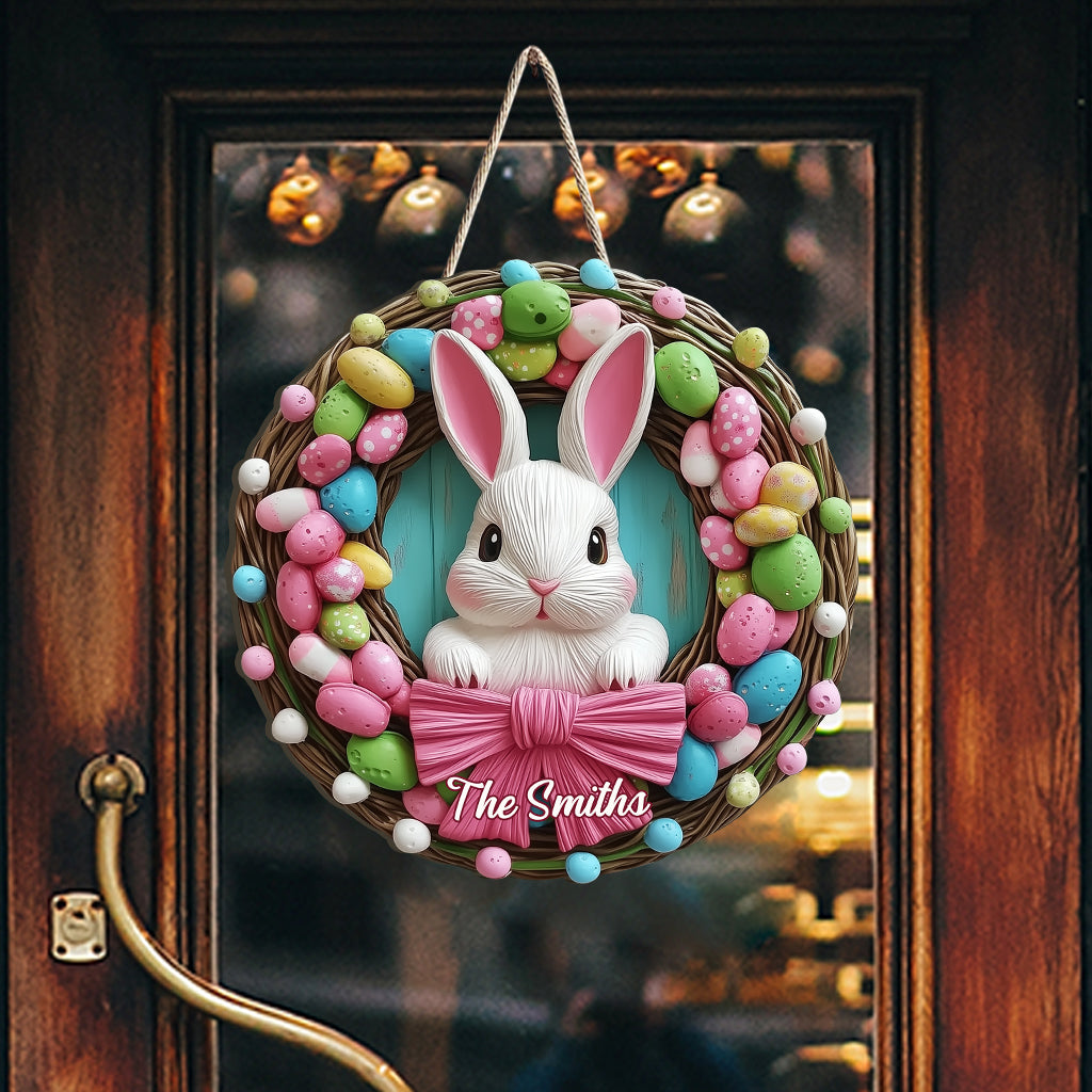 Couronne de Pâques avec lapin - Panneau en bois personnalisé pour la famille