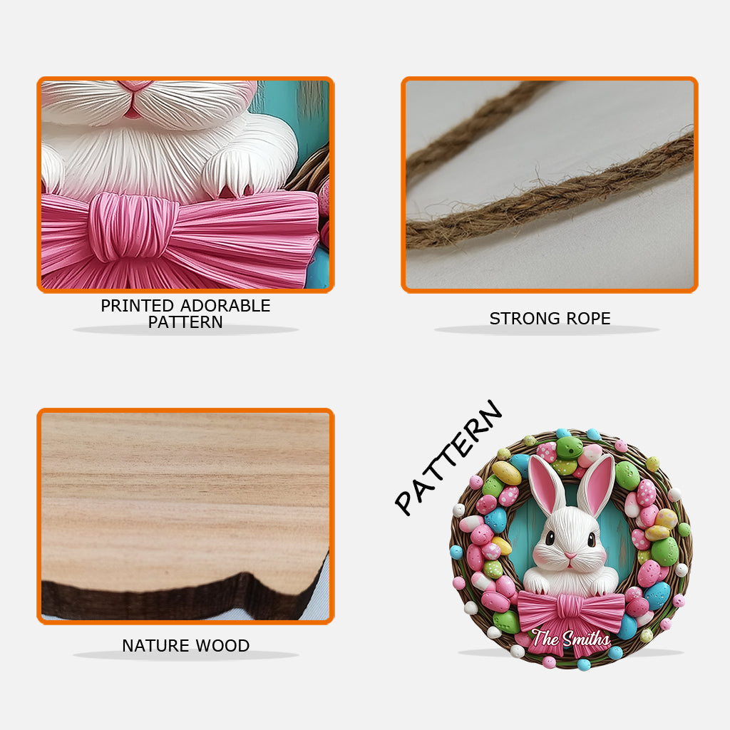 Couronne de Pâques avec lapin - Panneau en bois personnalisé pour la famille
