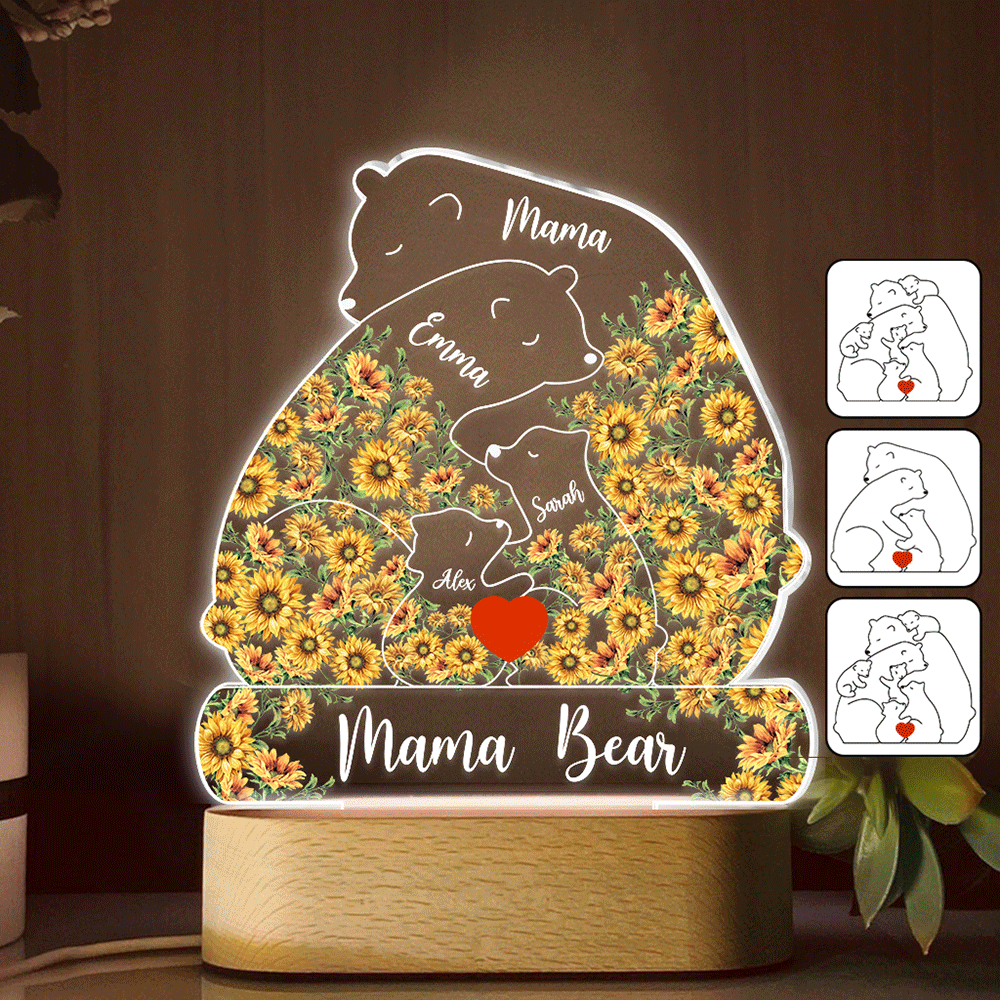 Plaque lumineuse personnalisée « Maman Ours Tournesol » - Socle lumineux en forme de mère