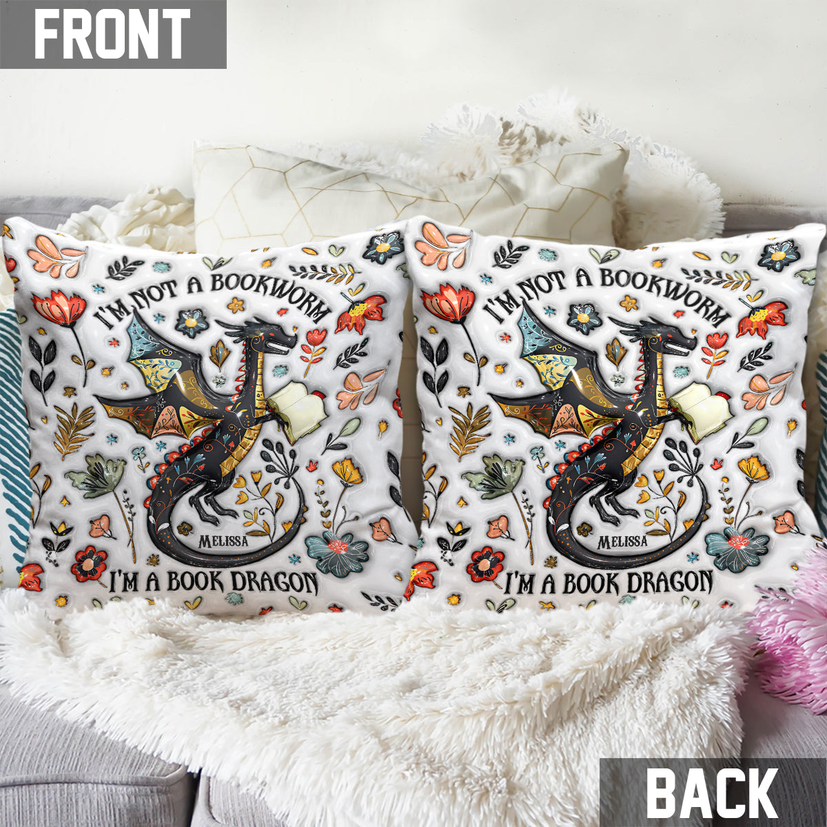 Je ne suis pas un rat de bibliothèque, je suis un dragon des livres - Coussin décoratif personnalisé en forme de livre