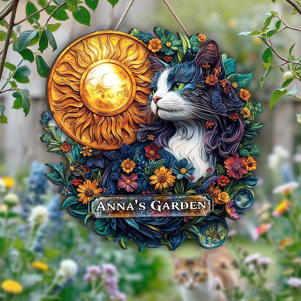 Chat fleuri - Panneau en bois personnalisé sur le thème du jardinage