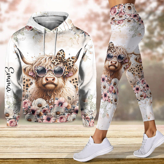 Cool Cow With Leopard Glasses - Personalized Highland Cow Hoodie and Leggings