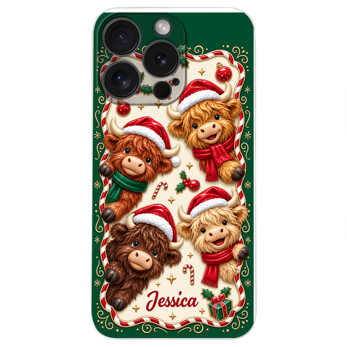 Merry Christmas Cute Highland Cows - Personalized Highland Cow 3D Embossed Leather Phone Case