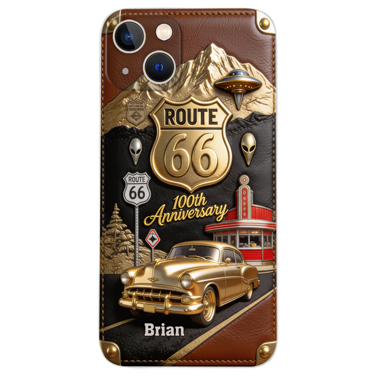 Étui de téléphone en cuir personnalisé pour les passionnés de voitures, à l'occasion du 100e anniversaire de la Route 66