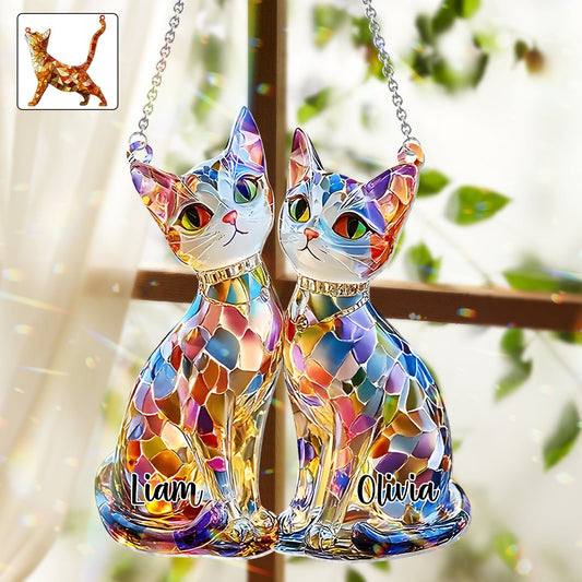 Boho Chic Cute Cats - Personalized Cat Window Hanging Suncatcher Ornament