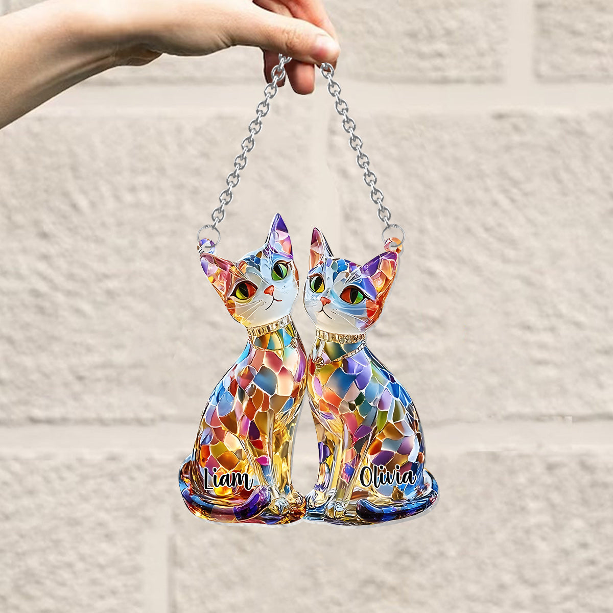 Boho Chic Cute Cats - Personalized Cat Window Hanging Suncatcher Ornament