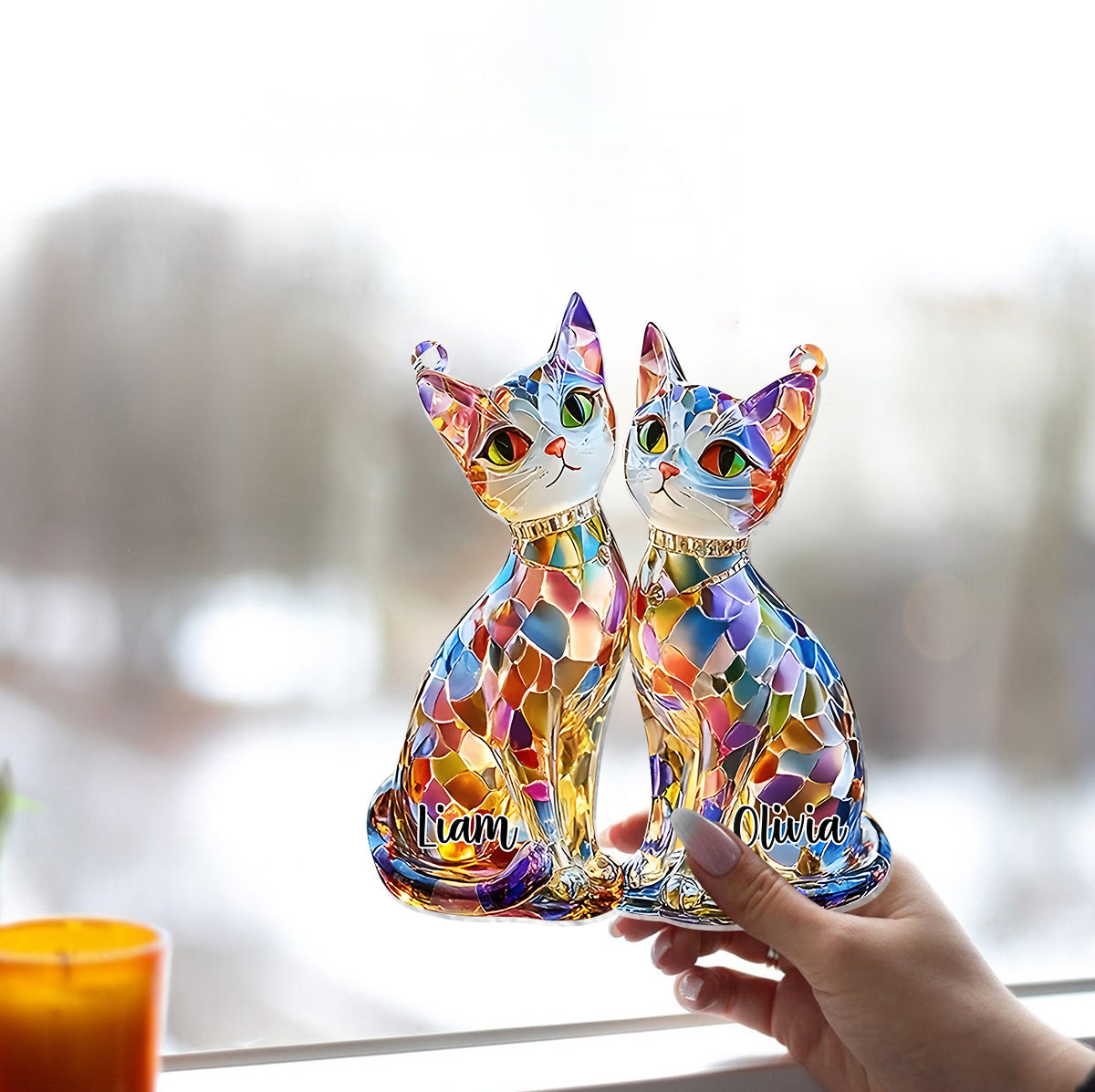 Boho Chic Cute Cats - Personalized Cat Window Hanging Suncatcher Ornament