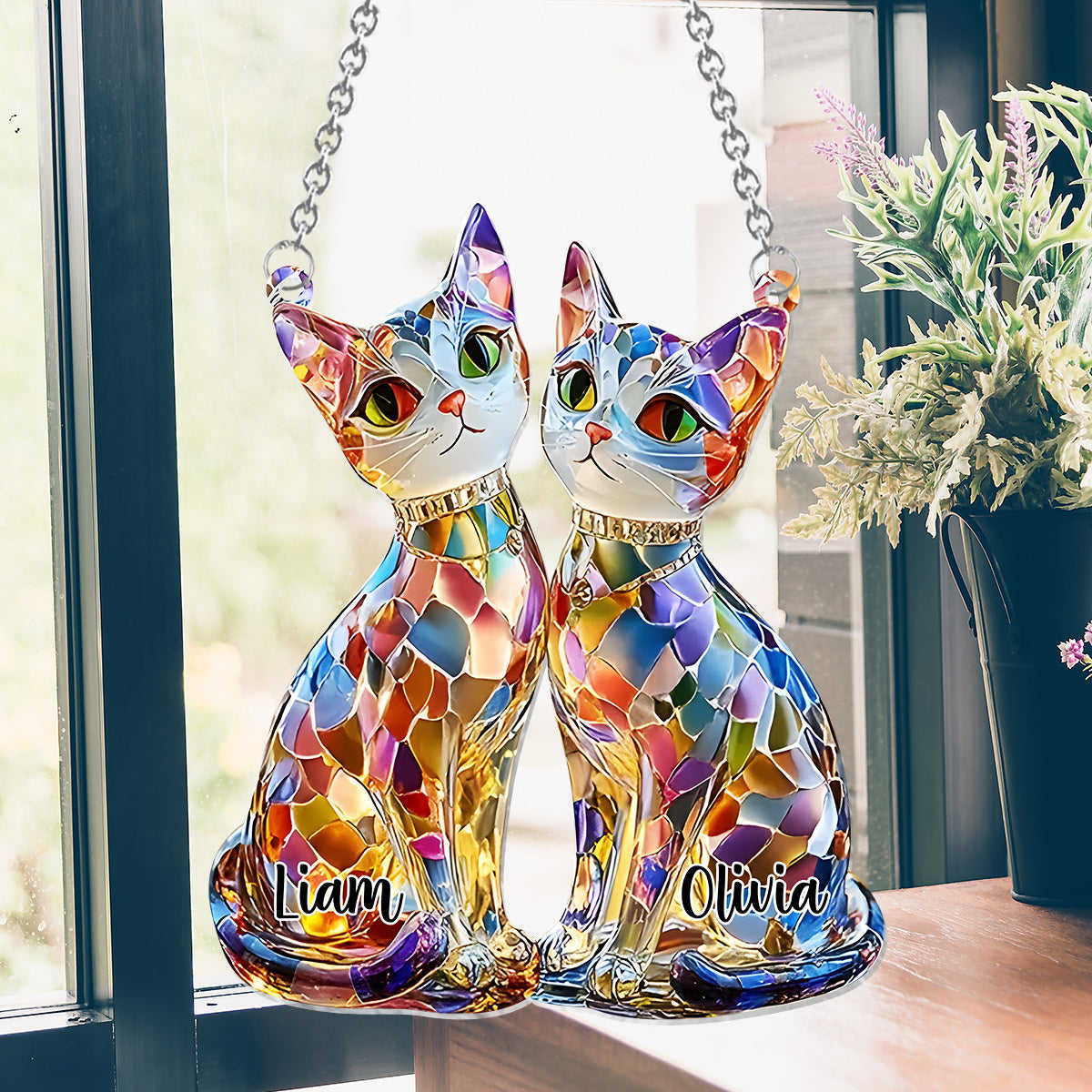 Boho Chic Cute Cats - Personalized Cat Window Hanging Suncatcher Ornament