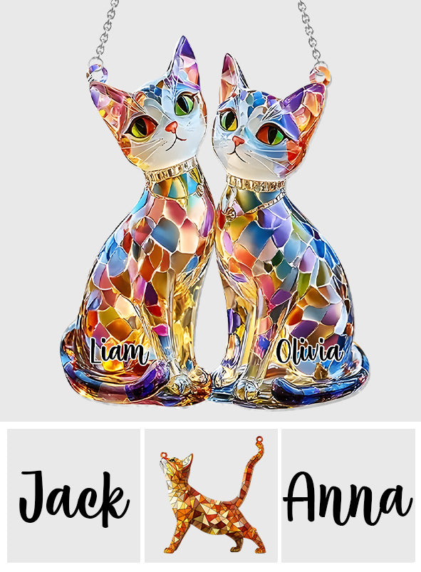 Boho Chic Cute Cats - Personalized Cat Window Hanging Suncatcher Ornament