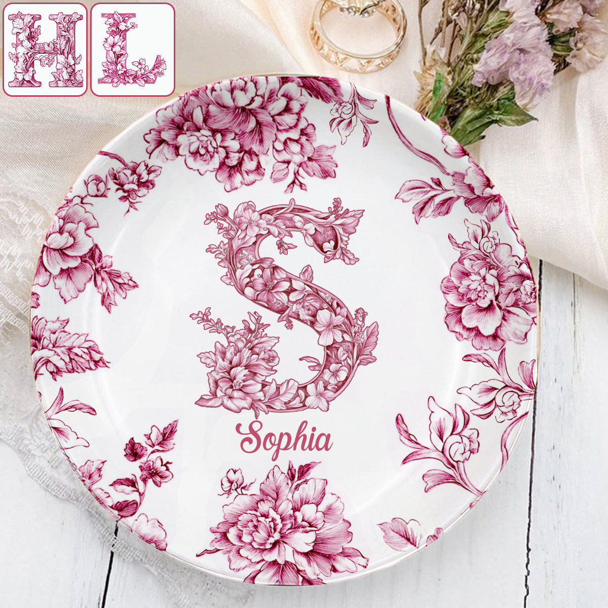 Lettre florale bleue et rose - Cadeau personnalisé pour une amie - Porte-bijoux imprimé