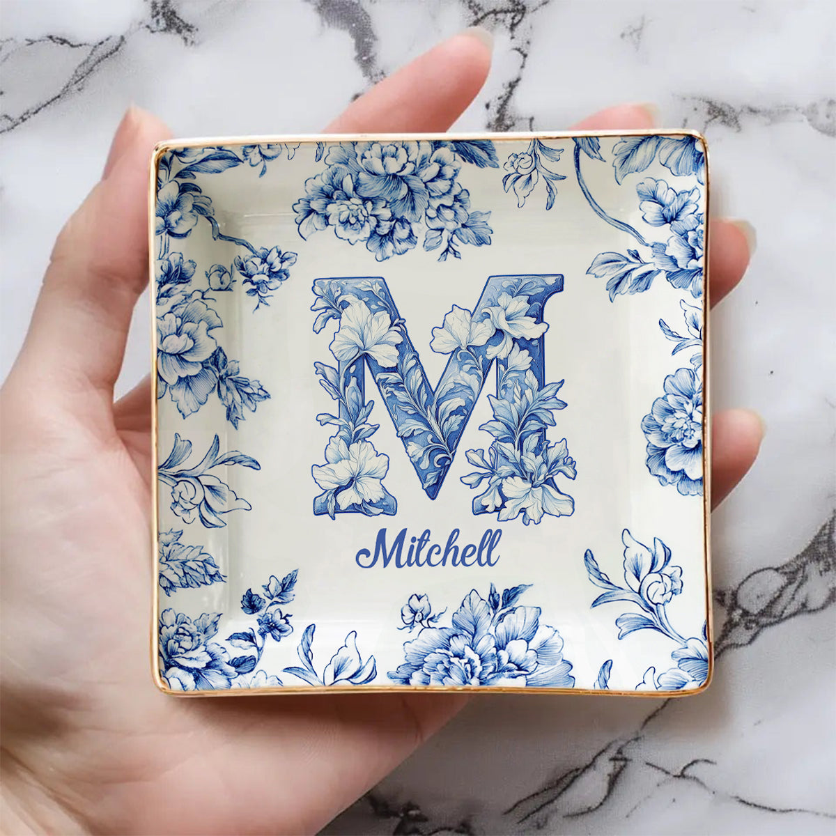 Lettre florale bleue et rose - Cadeau personnalisé pour une amie - Porte-bijoux imprimé