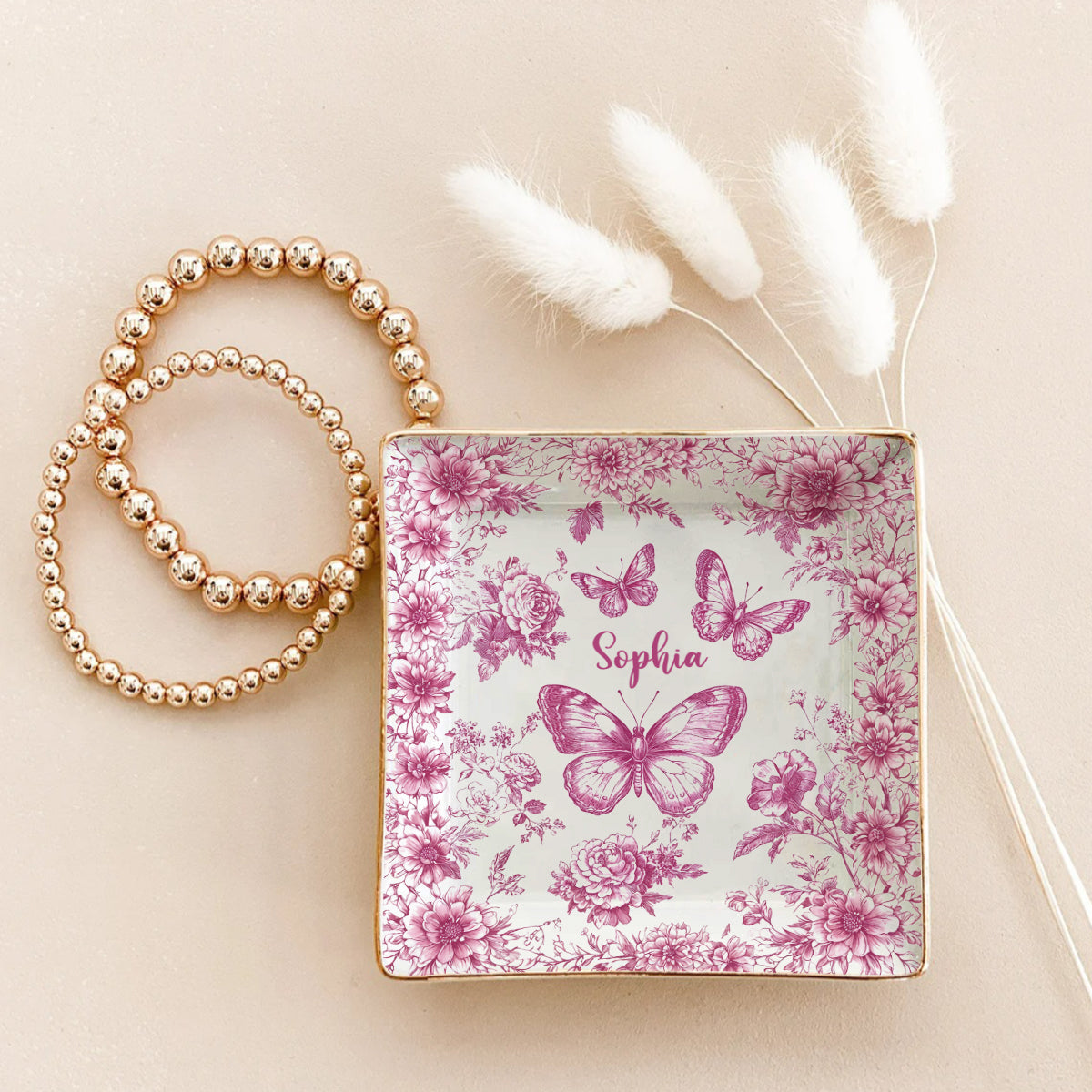 Pink Toile Butterfly - Personalized Butterfly Fully Printed Jewelry Dish