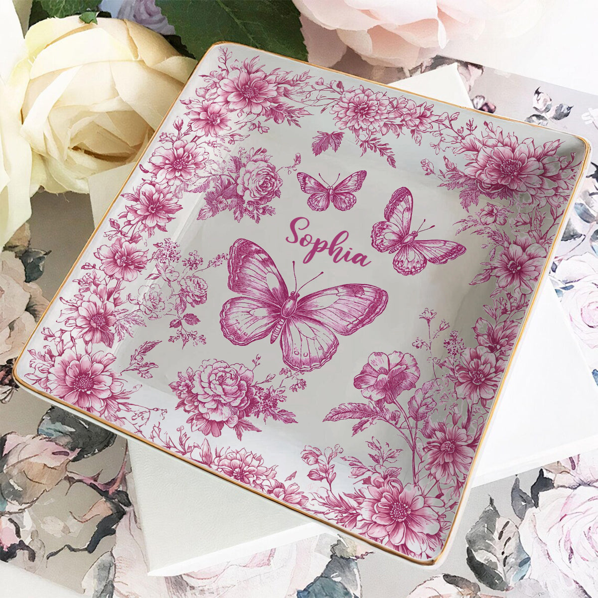 Pink Toile Butterfly - Personalized Butterfly Fully Printed Jewelry Dish