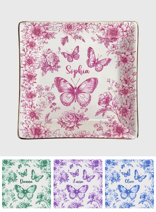 Pink Toile Butterfly - Personalized Butterfly Fully Printed Jewelry Dish
