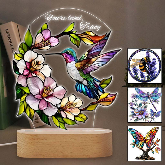 Amoureux de la nature - Plaque lumineuse personnalisée en forme de papillon, libellule, abeille et colibri - Motifs : papillon, libellule, abeille et colibri
