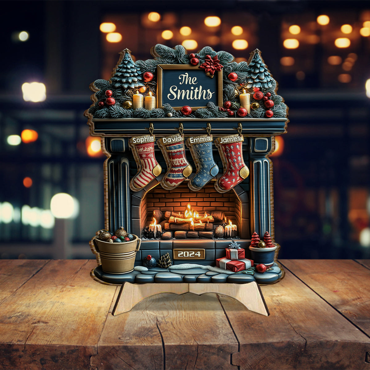 Joyeux Noël - Panneau/Plaque en bois personnalisé à 2 couches pour la famille