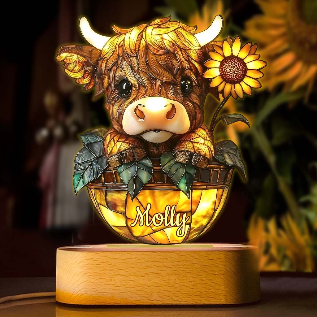 Cute Highland Cow Sunflower - Personalized Shaped Plaque Light Base