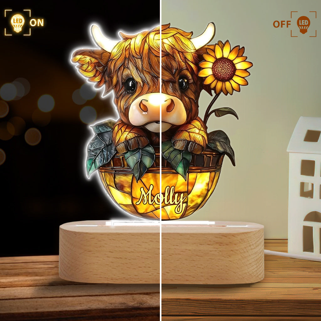Cute Highland Cow Sunflower - Personalized Shaped Plaque Light Base