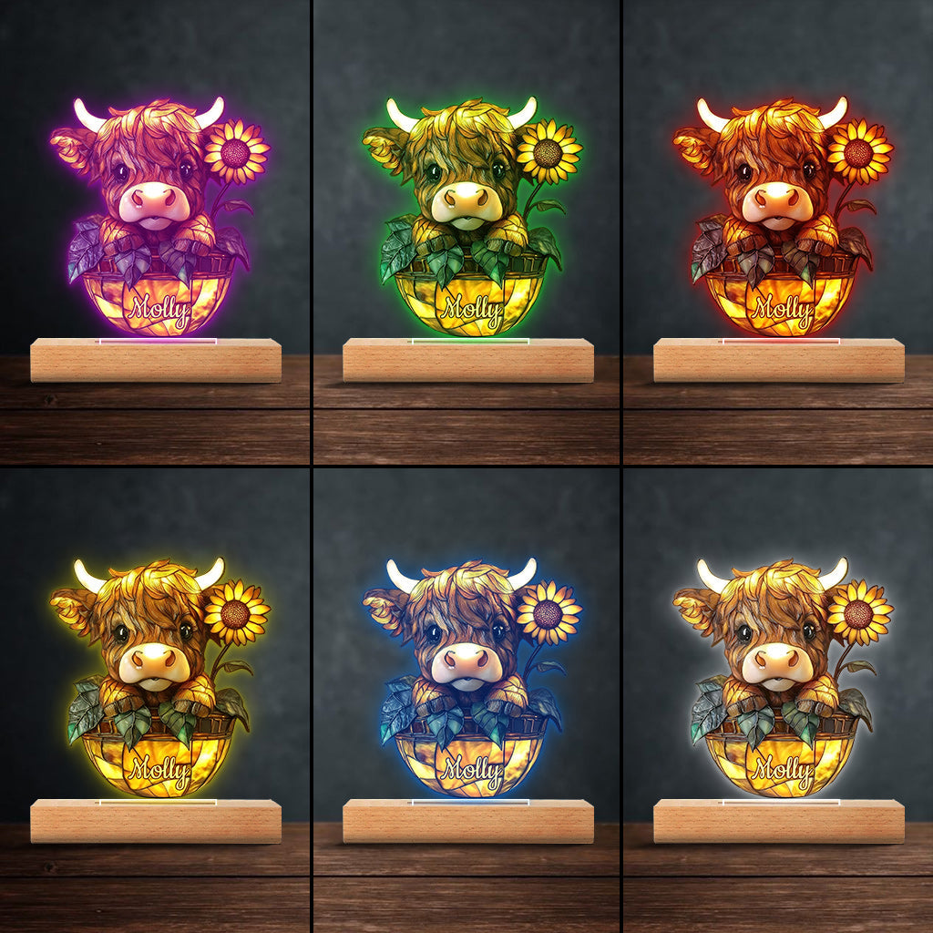 Cute Highland Cow Sunflower - Personalized Shaped Plaque Light Base