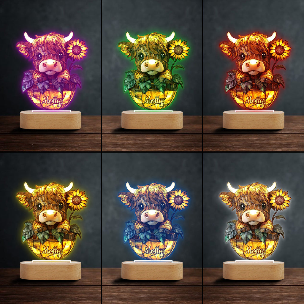Cute Highland Cow Sunflower - Personalized Shaped Plaque Light Base
