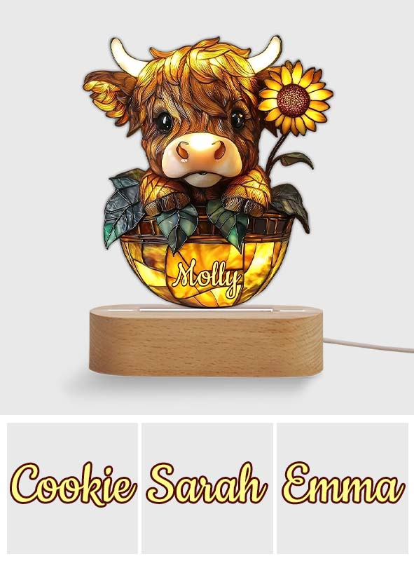 Cute Highland Cow Sunflower - Personalized Shaped Plaque Light Base
