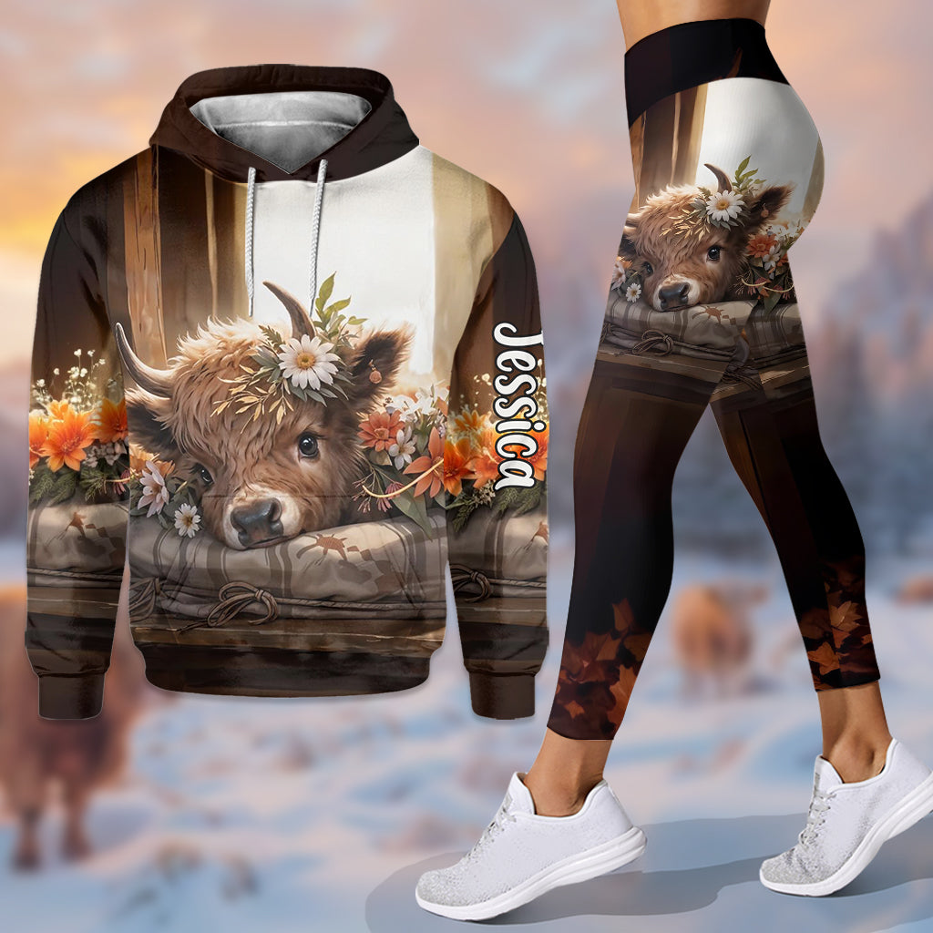 Juste une fille qui aime les vaches des Highlands - Sweat à capuche et legging personnalisés avec motif vache des Highlands