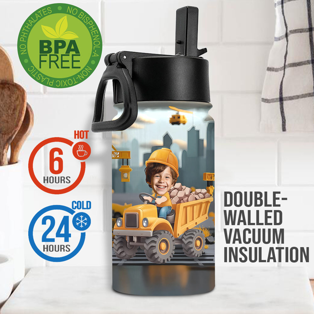 Construction Vehicle Alphabet Letters - Personalized Kid Kids Water Bottle