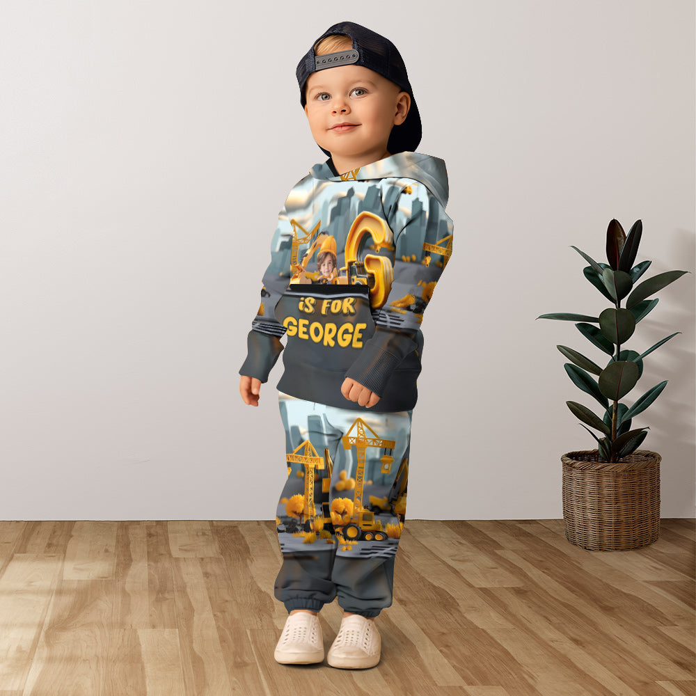 Lettres de l'alphabet des véhicules de chantier - Sweat à capuche et pantalon de jogging personnalisés pour enfant