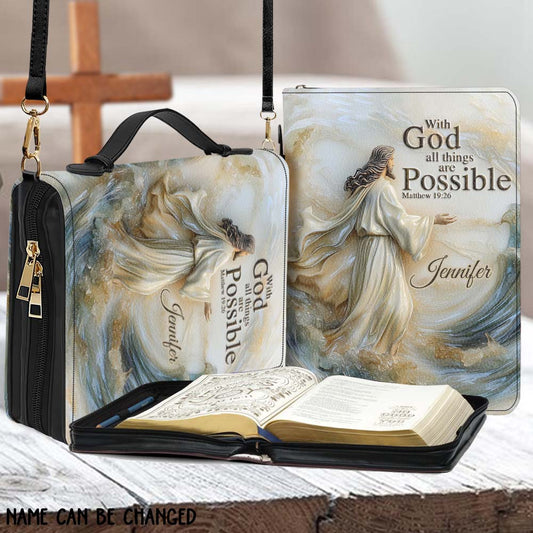 With God All Things Are Possible - Personalized Christian Leather Bible Cover Bag