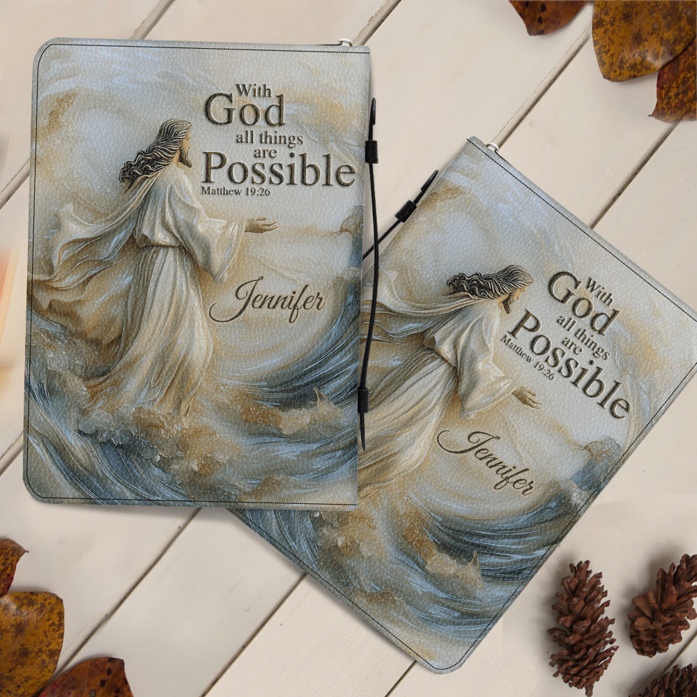 With God All Things Are Possible - Personalized Christian Leather Bible Cover Bag
