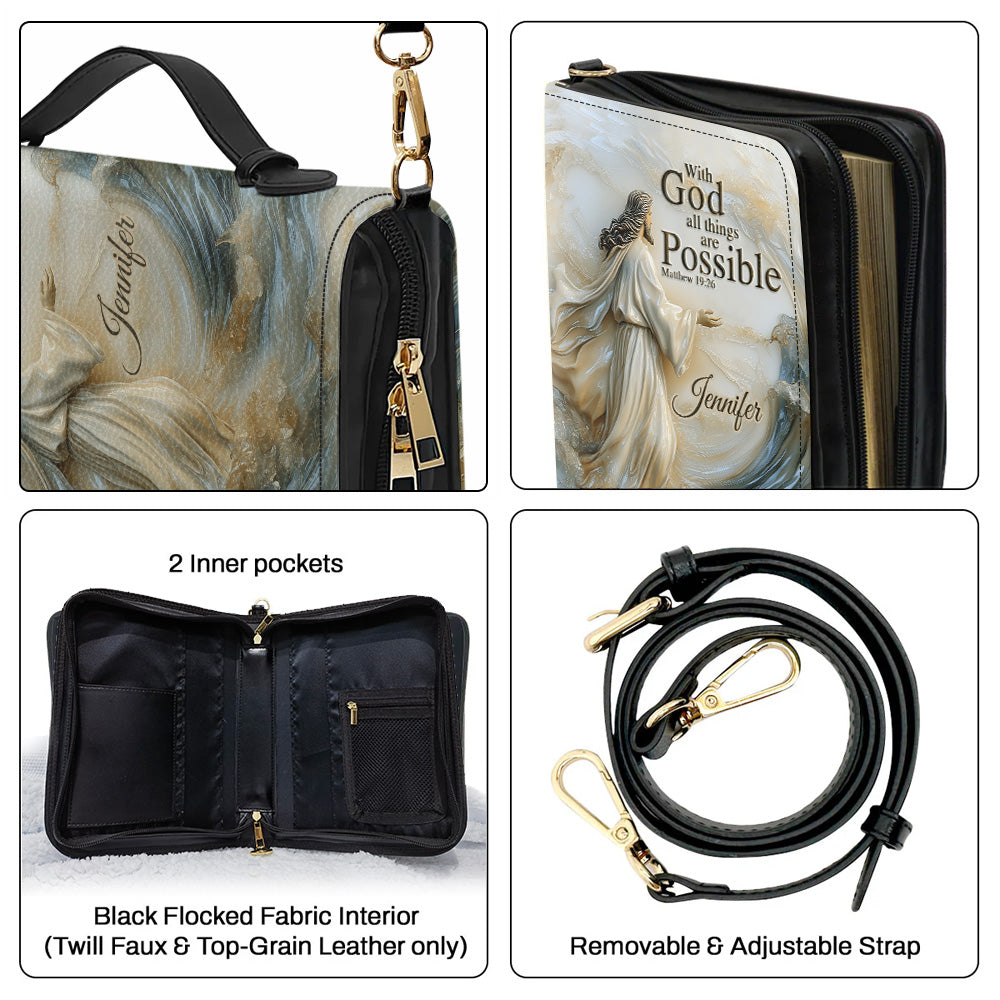 With God All Things Are Possible - Personalized Christian Leather Bible Cover Bag